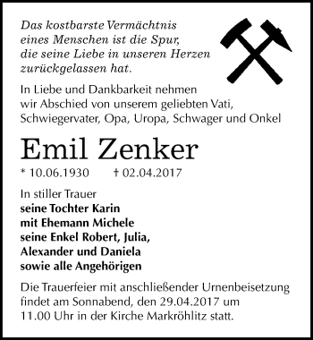 Traueranzeige von Emil Zenker von Mitteldeutsche Zeitung Weißenfels