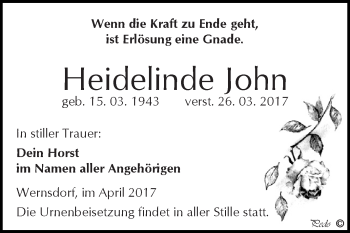 Traueranzeige von Heidelinde John von WVG - Wochenspiegel NMB / WSF / ZTZ