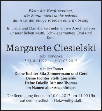 Traueranzeige von Margarete Ciesielski von Mitteldeutsche Zeitung Bitterfeld