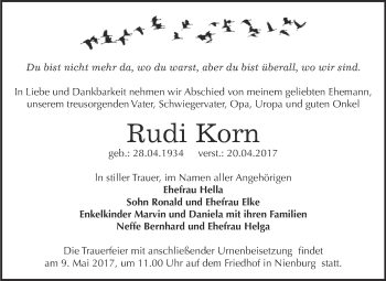 Traueranzeige von Rudi Korn von Super Sonntag Bernburg