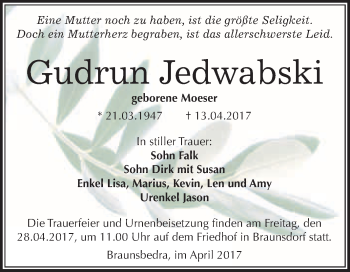 Traueranzeige von Gudrun Jedwabski von WVG - Wochenspiegel Merseburg