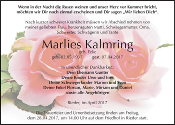 Traueranzeige von Marlies Kalmring von Mitteldeutsche Zeitung Quedlinburg