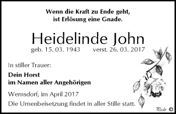 Traueranzeige von Heidelinde John von Mitteldeutsche Zeitung Weißenfels