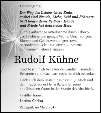Traueranzeige von Rudolf Kühne von WVG - Wochenspiegel Dessau / Köthen