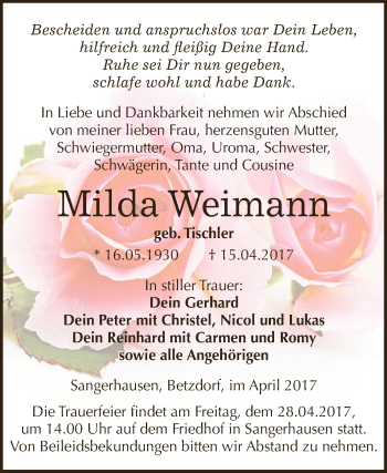 Traueranzeige von Milda Weimann von Super Sonntag SGH Mansf. Land