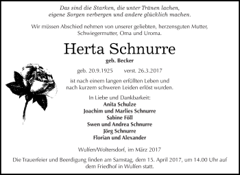 Traueranzeige von Herta Schnurre von WVG - Wochenspiegel Dessau / Köthen