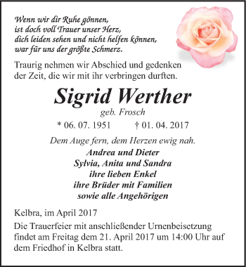 Traueranzeige von Sigrid Werther von Mitteldeutsche Zeitung Sangerhausen