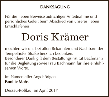 Traueranzeige von Doris Krämer von WVG - Wochenspiegel Dessau / Köthen