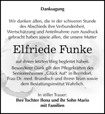 Traueranzeige von Elfriede Funke von Mitteldeutsche Zeitung Mansfelder Land