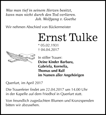 Traueranzeige von Ernst Tulke von Mitteldeutsche Zeitung Merseburg/Querfurt