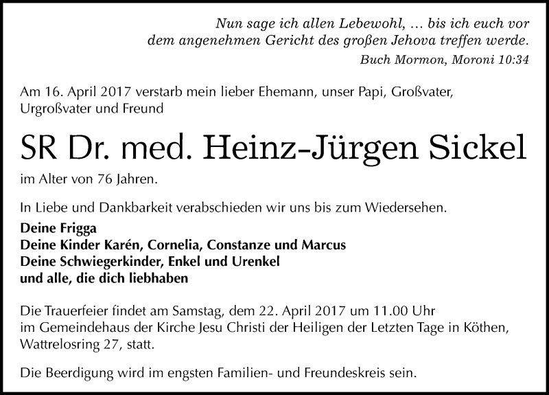  Traueranzeige für Heinz-Jürgen Sickel vom 20.04.2017 aus Mitteldeutsche Zeitung Köthen