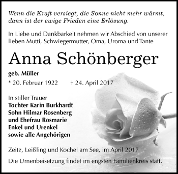 Traueranzeige von Anna Schönberger von Mitteldeutsche Zeitung Zeitz