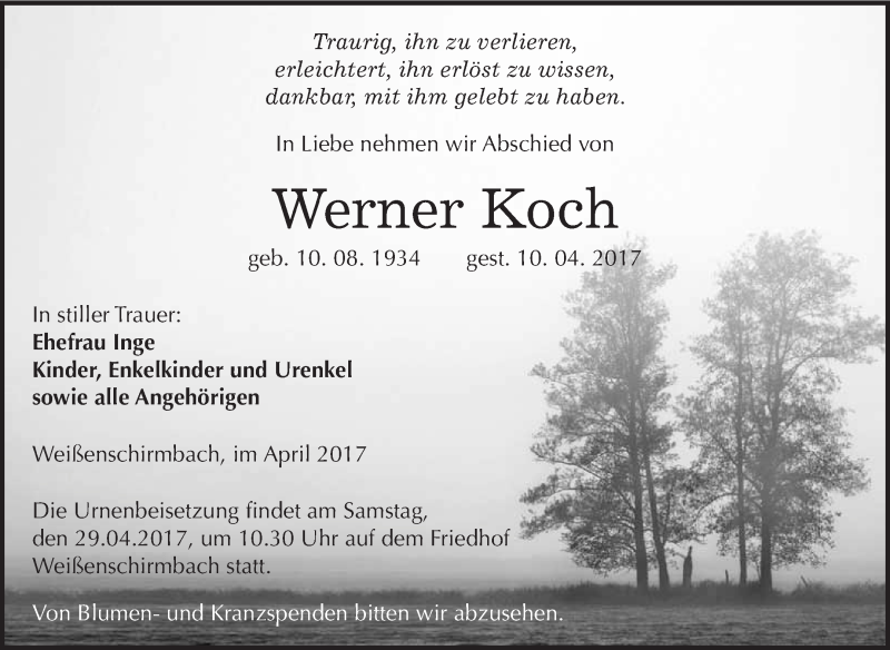  Traueranzeige für Werner Koch vom 22.04.2017 aus WVG - Wochenspiegel Merseburg