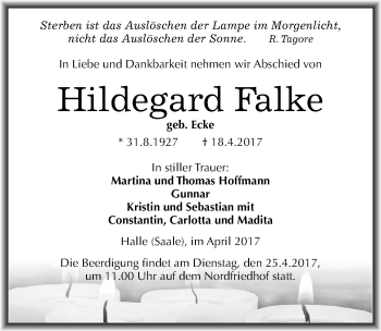 Traueranzeige von Hildegard Falke von Mitteldeutsche Zeitung Halle/Saalkreis