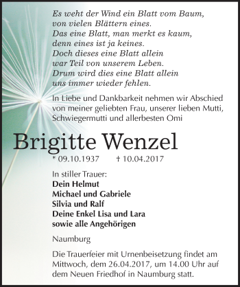 Traueranzeige von Brigitte Wenzel von Mitteldeutsche Zeitung Naumburg/Nebra