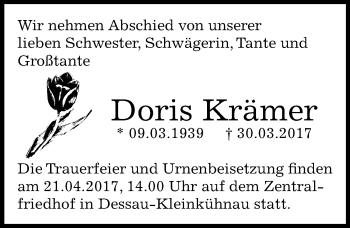 Traueranzeige von Doris Krämer von Mitteldeutsche Zeitung Dessau-Roßlau