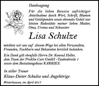 Traueranzeige von Lisa Schulze von Mitteldeutsche Zeitung Quedlinburg