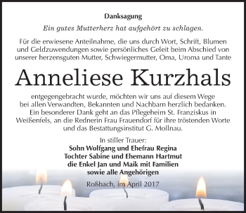 Traueranzeige von Anneliese Kurzhals von Mitteldeutsche Zeitung Merseburg/Querfurt