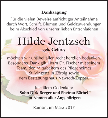 Traueranzeige von Hilde Jentzsch von Mitteldeutsche Zeitung Bitterfeld