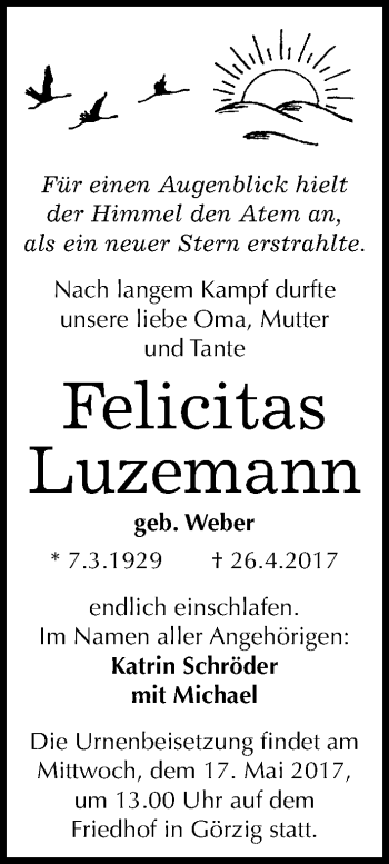 Traueranzeige von Felicitas Luzemann von Mitteldeutsche Zeitung Köthen