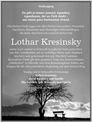 Traueranzeige von Lothar Kresinsky von Wochenspiegel Mansfelder Land
