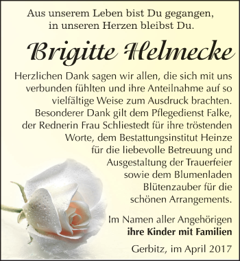 Traueranzeige von Brigitte Helmecke von Mitteldeutsche Zeitung Bernburg