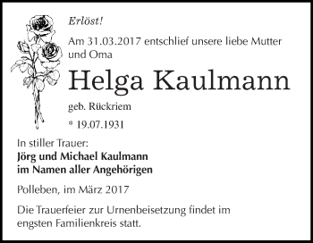 Traueranzeige von Helga Kaulmann von Super Sonntag SGH Mansf. Land