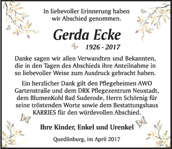 Traueranzeige von Gerda Ecke von Mitteldeutsche Zeitung Quedlinburg