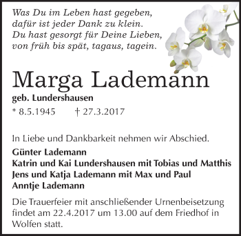 Traueranzeige von Marga Lademann von Mitteldeutsche Zeitung Bitterfeld
