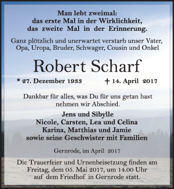Traueranzeige von Robert Scharf von Mitteldeutsche Zeitung Quedlinburg