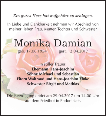 Traueranzeige von Monika Damian von Mitteldeutsche Zeitung Mansfelder Land