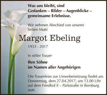 Traueranzeige von Margot Ebeling von Super Sonntag Bernburg
