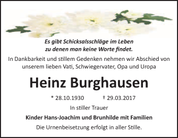Traueranzeige von Heinz Burghausen von WVG - Wochenspiegel Bitterfeld