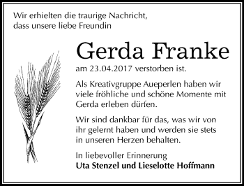 Traueranzeige von Gerda Franke von Mitteldeutsche Zeitung Merseburg/Querfurt