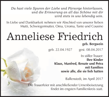 Traueranzeige von Anneliese Friedrich von WVG - Wochenspiegel Quedlinburg