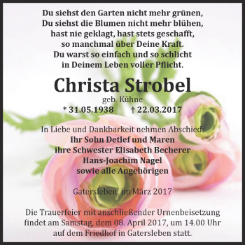 Traueranzeige von Christa Strobel von Super Sonntag SGH Mansf. Land