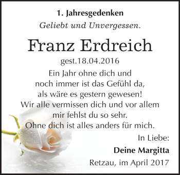 Traueranzeige von Franz Erdreich von Mitteldeutsche Zeitung Bitterfeld