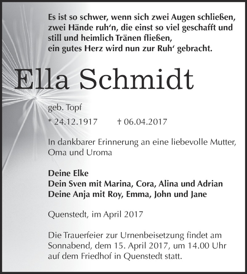  Traueranzeige für Ella Schmidt vom 12.04.2017 aus Wochenspiegel Mansfelder Land