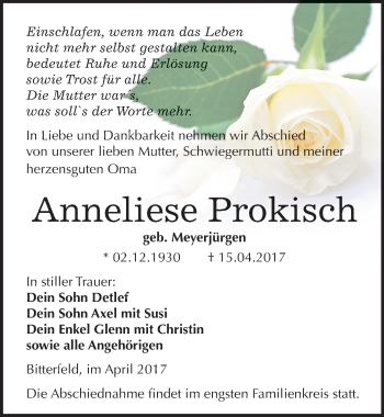 Traueranzeige von Anneliese Prokisch von Mitteldeutsche Zeitung Bitterfeld