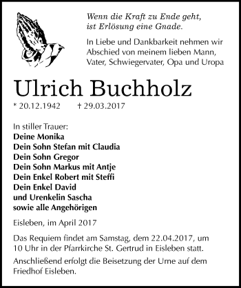Traueranzeige von Ulrich Buchholz von Mitteldeutsche Zeitung Mansfelder Land