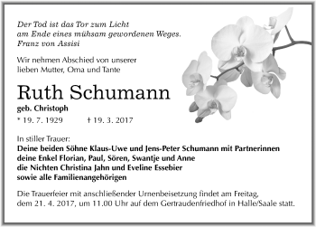 Traueranzeige von Ruth Schumann von Mitteldeutsche Zeitung Halle/Saalkreis