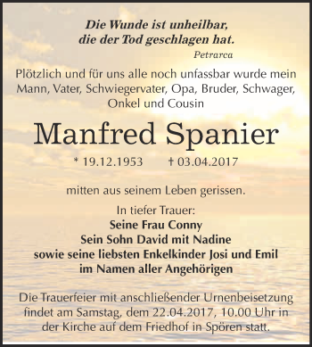 Traueranzeige von Manfred Spanier von WVG - Wochenspiegel Bitterfeld