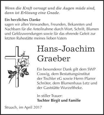 Traueranzeige von Hans-Joachim Graeber von WVG - Wochenspiegel Wittenberg