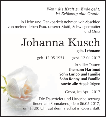 Traueranzeige von Johanna Kusch von WVG - Wochenspiegel Bitterfeld