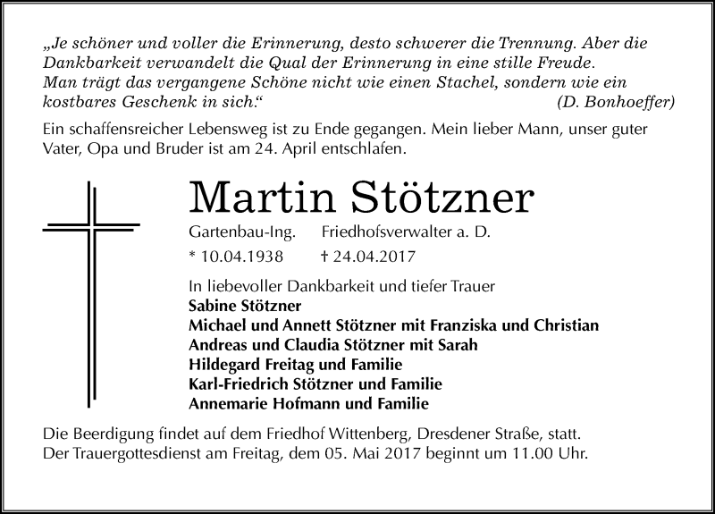  Traueranzeige für Martin Stötzner vom 29.04.2017 aus Mitteldeutsche Zeitung Wittenberg