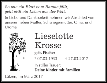 Traueranzeige von Lieselotte Krosse von WVG - Wochenspiegel NMB / WSF / ZTZ
