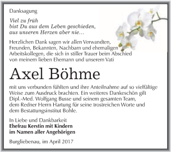 Traueranzeige von Axel Böhme von WVG - Wochenspiegel Merseburg