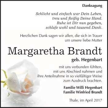 Traueranzeige von Margaretha Brandt von WVG - Wochenspiegel Quedlinburg