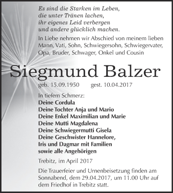 Traueranzeige von Siegmund Balzer von WVG - Wochenspiegel Wittenberg