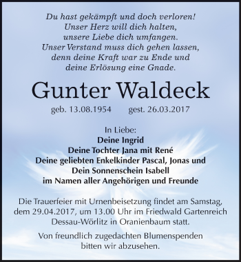 Traueranzeige von Gunter Waldeck von Mitteldeutsche Zeitung Bitterfeld